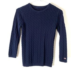 Ralph Lauren Navy Blue Cable Knit Crewneck Sweater American Flag Sleeve
